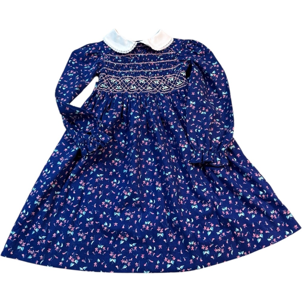 Polly Flinders‎ Girls Dress Size 6 Smocked Floral Blue Cotton Long Sleeve